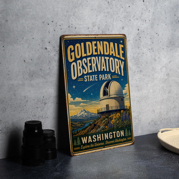 A vintage-style sign for Goldendale Observatory State Park in Washington, featuring an illustration of the observatory and a mountain landscape.