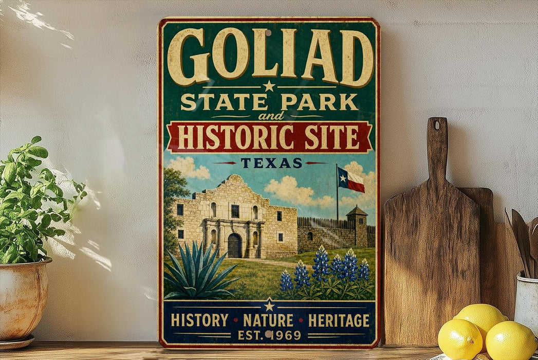 A vintage-style sign for Goliad State Park and Historic Site in Texas, featuring an illustration of the historic Alamo and surrounding landscape.