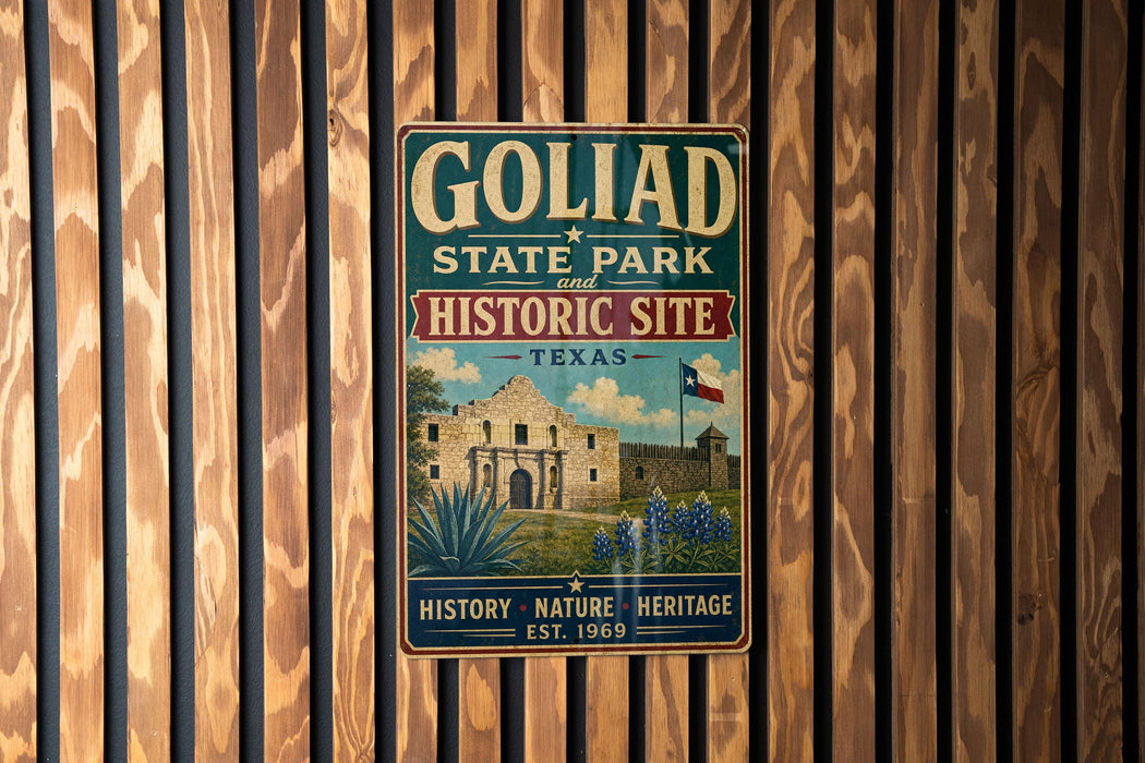 A vintage-style metal sign for Goliad State Park and Historic Site in Texas, featuring a building and a desert landscape.