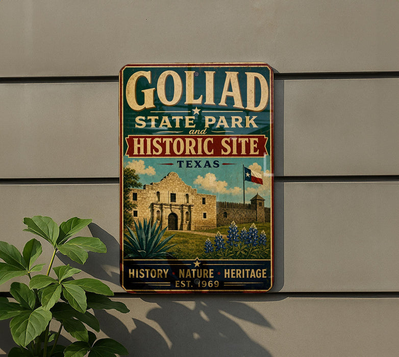 A vintage-style metal sign for Goliad State Park and Historic Site in Texas, featuring an illustration of the historic Alamo and surrounding landscape.