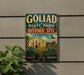 A vintage-style metal sign for Goliad State Park and Historic Site in Texas, featuring an illustration of the historic Alamo and surrounding landscape.