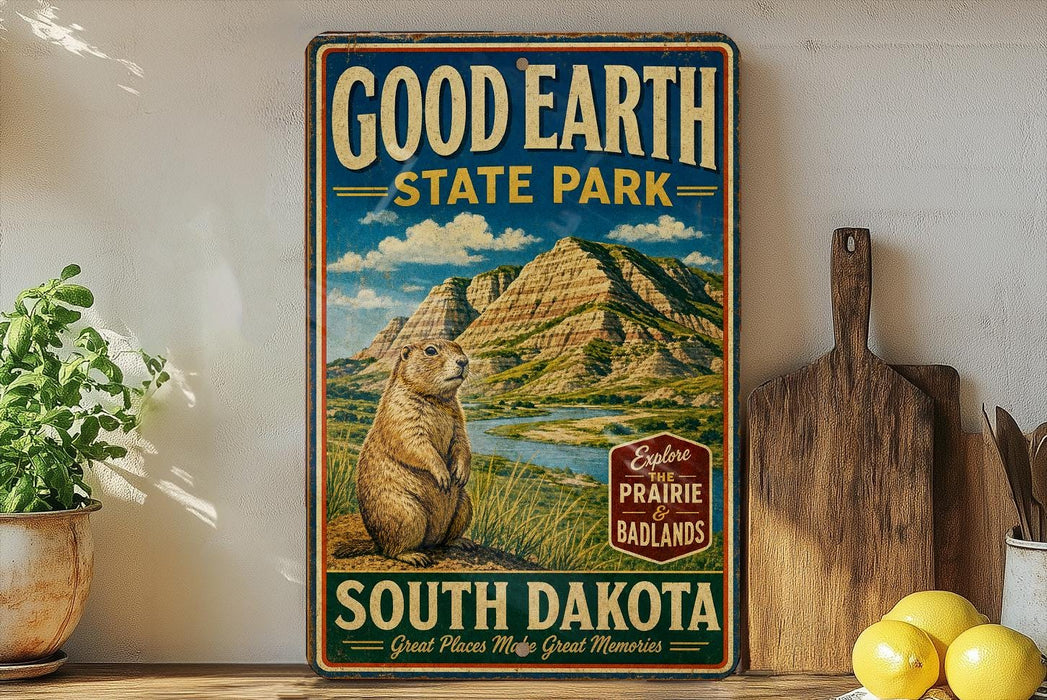 A vintage-style metal sign for Good Earth State Park in South Dakota, featuring a mountain landscape and a prairie dog.