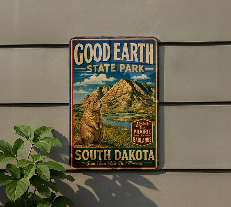 A vintage-style metal sign for Good Earth State Park in South Dakota, featuring a mountain landscape and a prairie dog.