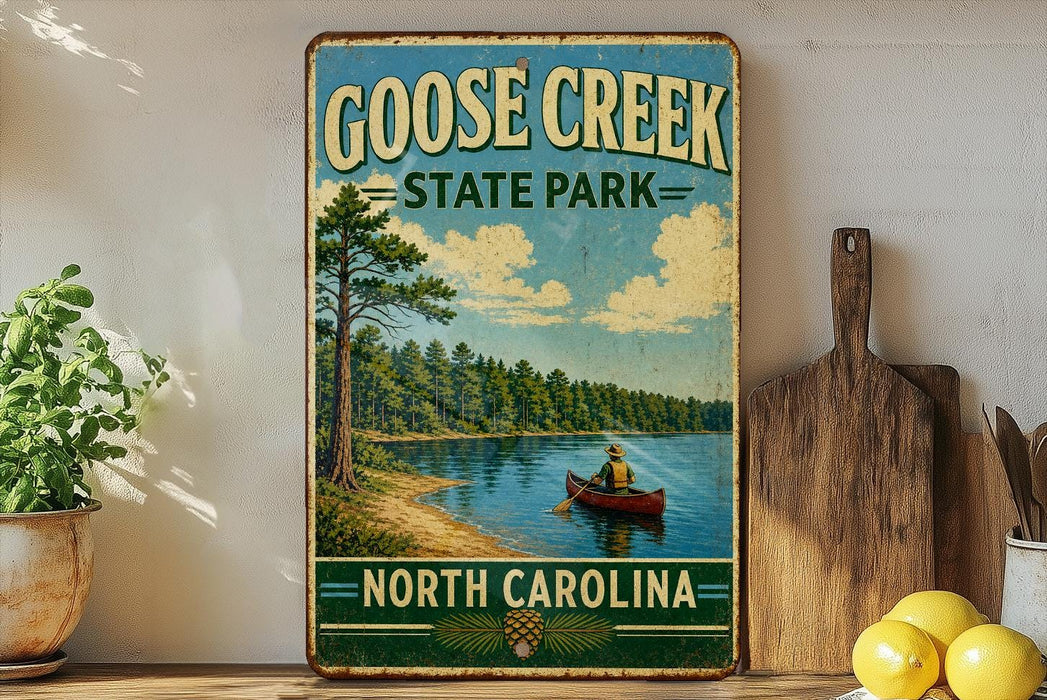 A vintage-style sign for Goose Creek State Park in North Carolina, featuring a scenic image of a person in a canoe on a lake surrounded by pine trees.