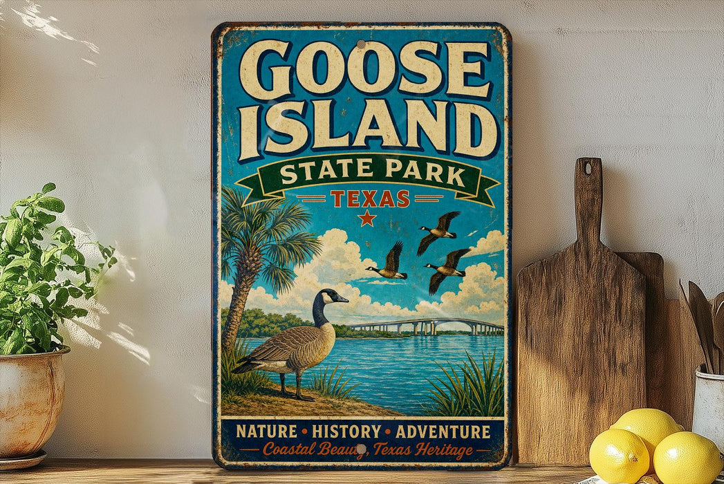 A vintage-style sign for Goose Island State Park in Texas, featuring a bird illustration and a scenic landscape.
