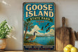 A vintage-style sign for Goose Island State Park in Texas, featuring a bird illustration and a scenic landscape.