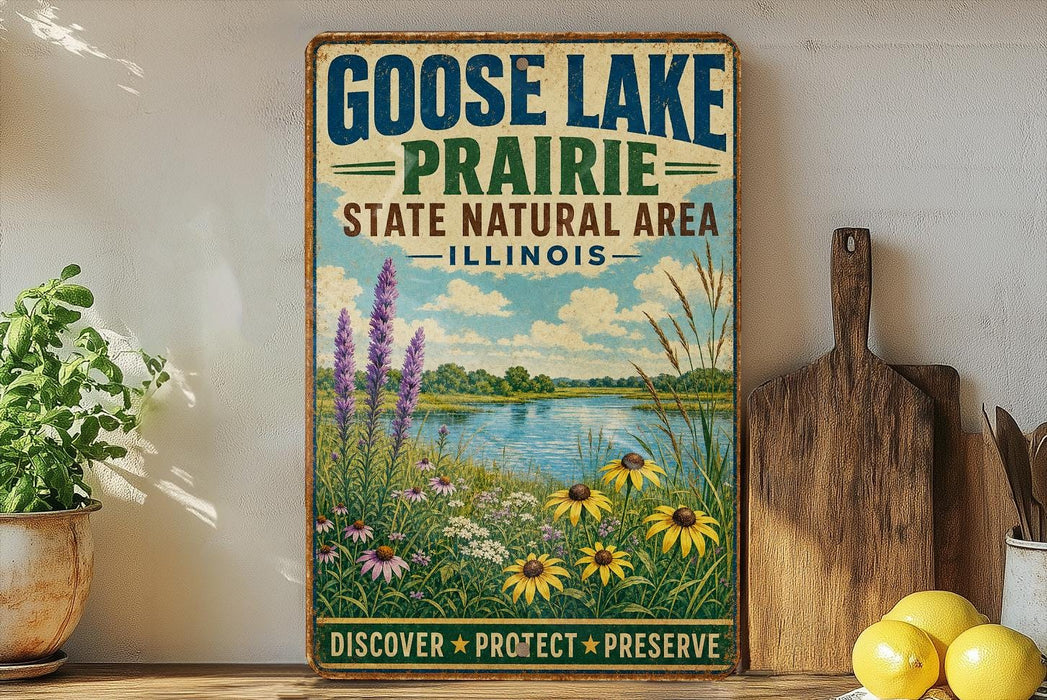 A vintage-style sign for Goose Lake Prairie State Natural Area in Illinois, featuring a scenic landscape with a lake, flowers, and a wooden paddle.