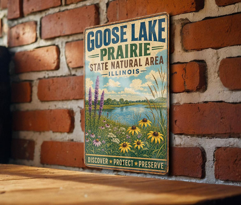 A vintage-style sign for Goose Lake Prairie, Illinois, featuring a scenic landscape with a lake, flowers, and a blue sky with clouds.