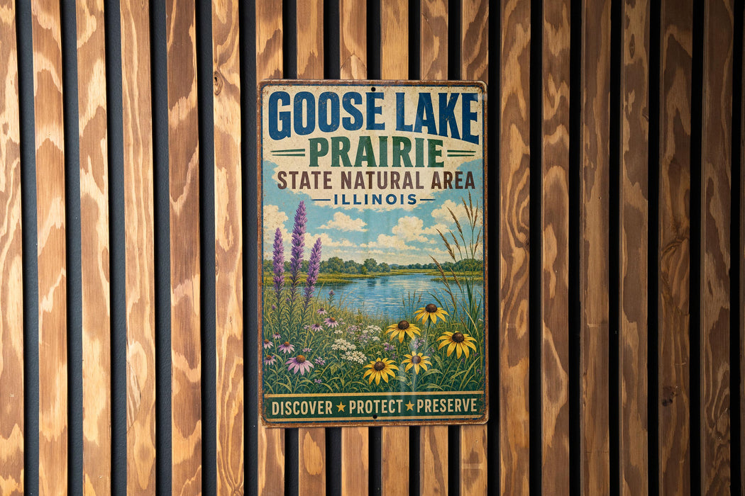 A vintage-style metal sign for Goose Lake Prairie, Illinois, featuring a scenic landscape with a lake, flowers, and a blue sky with clouds.