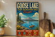 A vintage-style metal sign for Goose Lake State Recreation Area in Oregon, featuring a scenic landscape with a mountain, lake, and ducks.