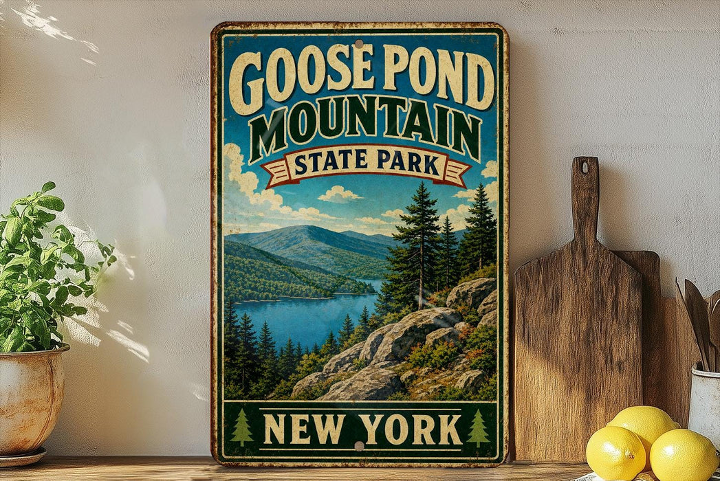 A vintage-style sign for Goose Pond Mountain State Park in New York, featuring a scenic mountain landscape with pine trees and a lake.