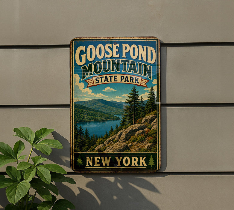 A vintage-style sign for Goose Pond Mountain State Park in New York, featuring a scenic mountain landscape with pine trees and a lake.