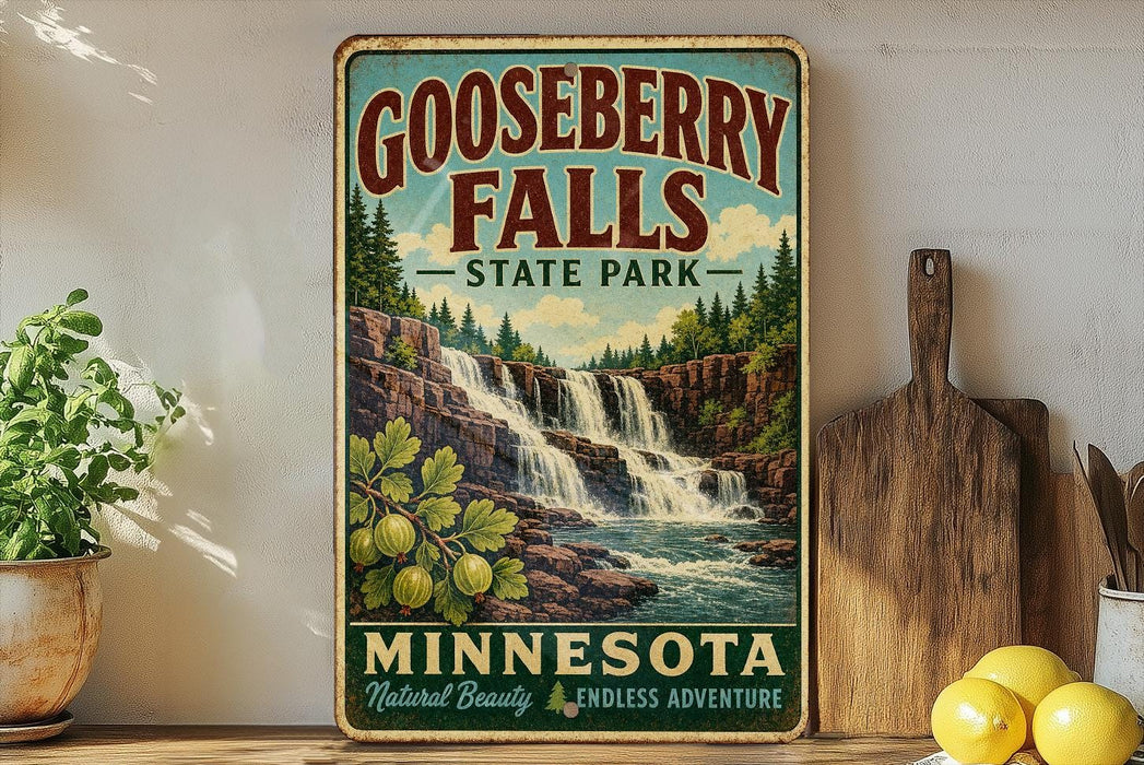 A vintage-style sign for Gooseberry Falls State Park in Minnesota, featuring a waterfall surrounded by trees and greenery.
