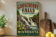A vintage-style sign for Gooseberry Falls State Park in Minnesota, featuring a waterfall surrounded by trees and greenery.