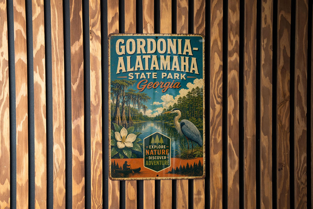 A vintage metal sign for Gordonia Alataha State Park in Georgia, featuring a scenic illustration of the park's natural surroundings.