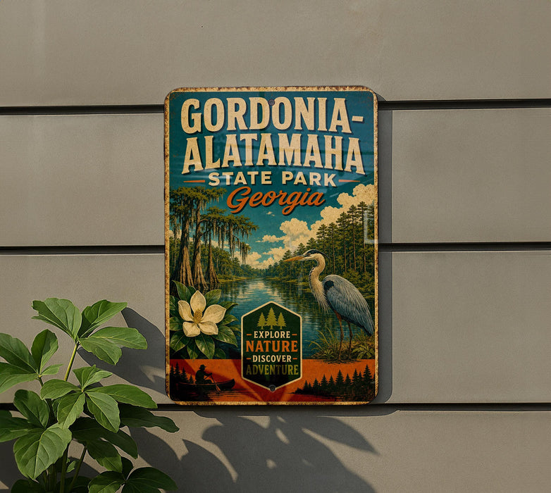 A vintage-style metal sign for Gordonia-Alataha State Park in Georgia, featuring a scenic illustration of the park's natural surroundings.