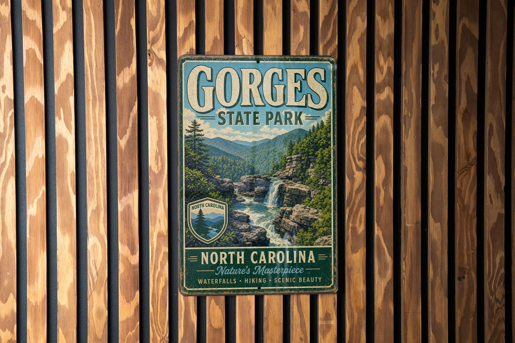 A vintage metal sign for Gorges State Park in North Carolina, featuring a scenic image of a waterfall surrounded by lush forests.