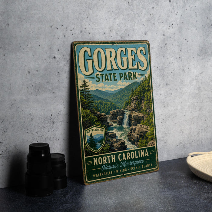 A vintage-style metal sign for Gorges State Park, featuring a scenic image of the park's natural beauty.
