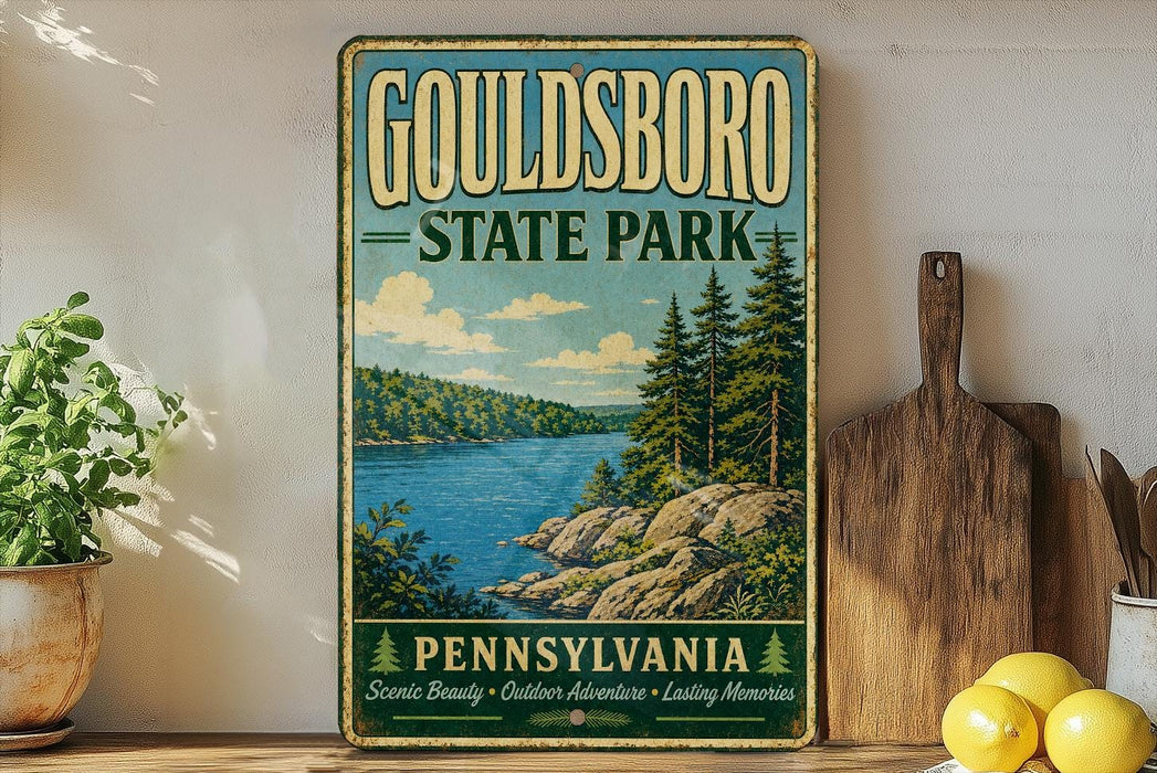 A vintage-style sign for Gouldsboro State Park in Pennsylvania, featuring a scenic landscape with a lake and pine trees.