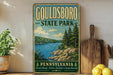A vintage-style sign for Gouldsboro State Park in Pennsylvania, featuring a scenic landscape with a lake and pine trees.