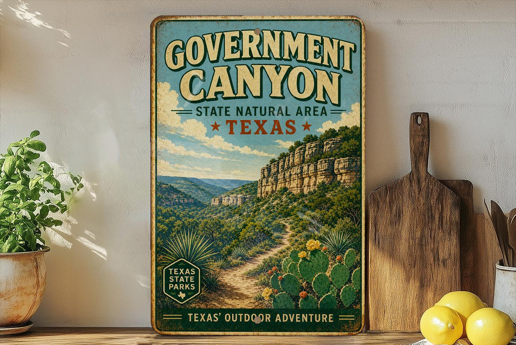A vintage-style poster of the Government Canyon State Natural Area in Texas, featuring a scenic landscape with cacti and mountains in the background.