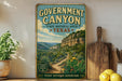 A vintage-style poster of the Government Canyon State Natural Area in Texas, featuring a scenic landscape with cacti and mountains in the background.