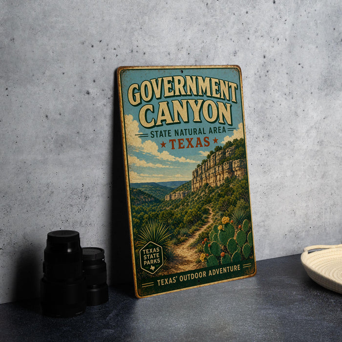 A vintage-style metal sign for Government Canyon, a state natural area in Texas, featuring a scenic illustration of the canyon landscape.
