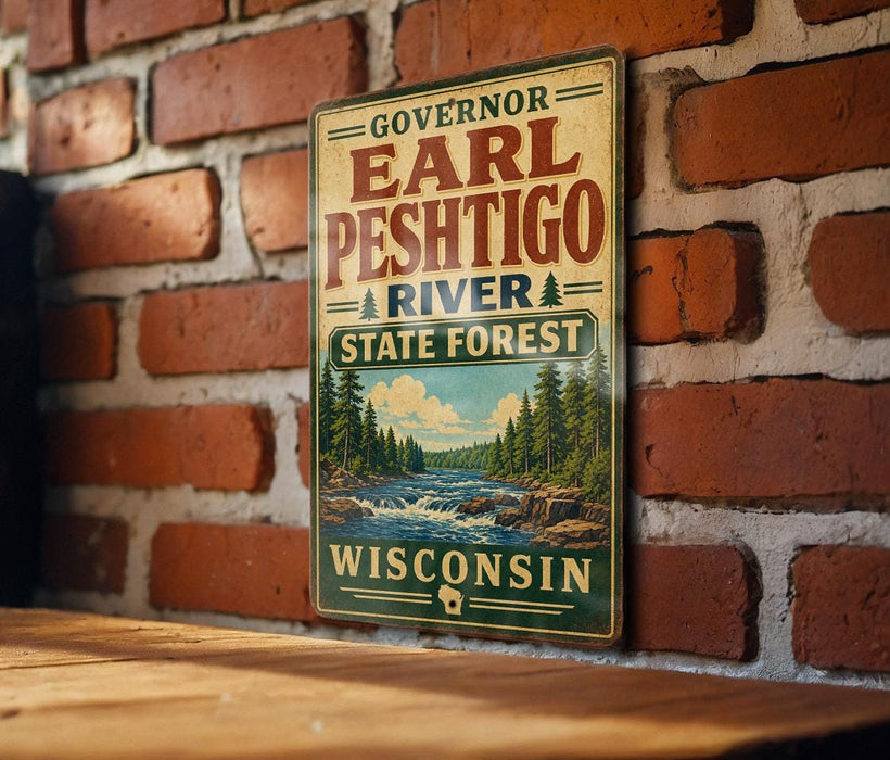A vintage-style metal sign displaying the name "Earl Peschigo River State Forest Wisconsin" is mounted on a brick wall.