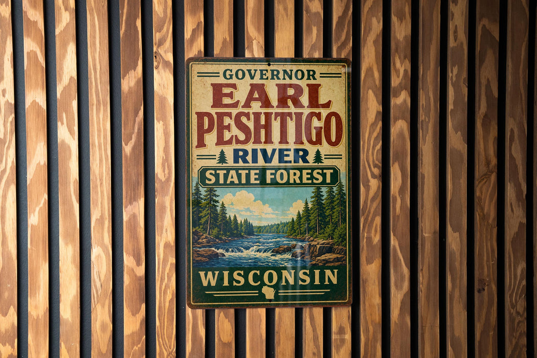 A vintage metal sign for the Governor Earl Peschigo River State Forest in Wisconsin, featuring a scenic illustration of the river surrounded by pine trees and a waterfall.