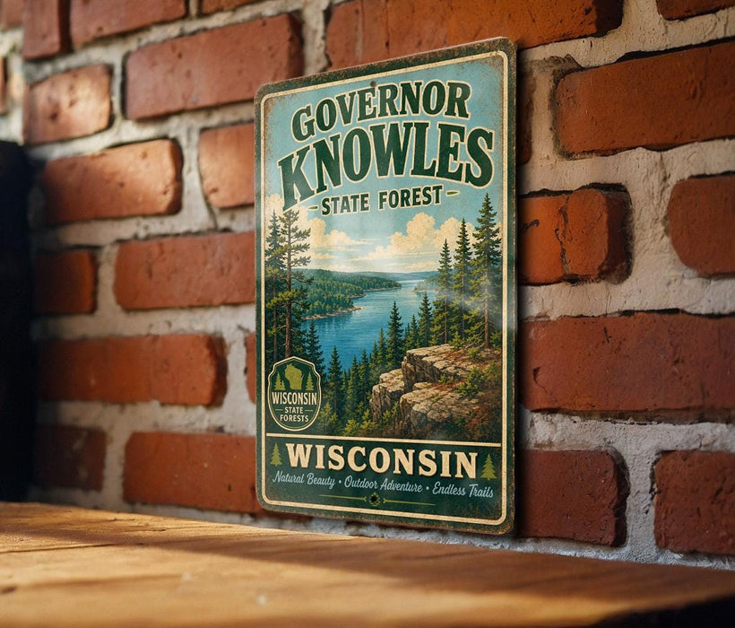A vintage-style sign for Governor Knowles State Forest in Wisconsin, featuring a scenic landscape with pine trees, a lake, and mountains.