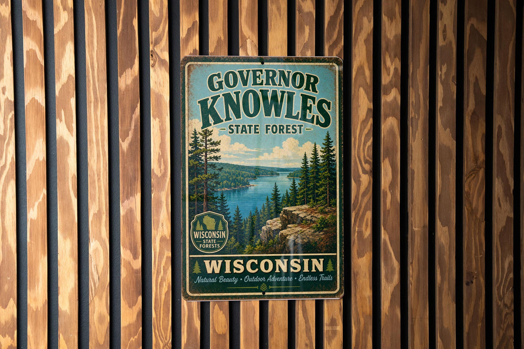 A vintage-style metal sign for Governor Knowles State Forest in Wisconsin, featuring a scenic landscape with pine trees, a lake, and mountains.