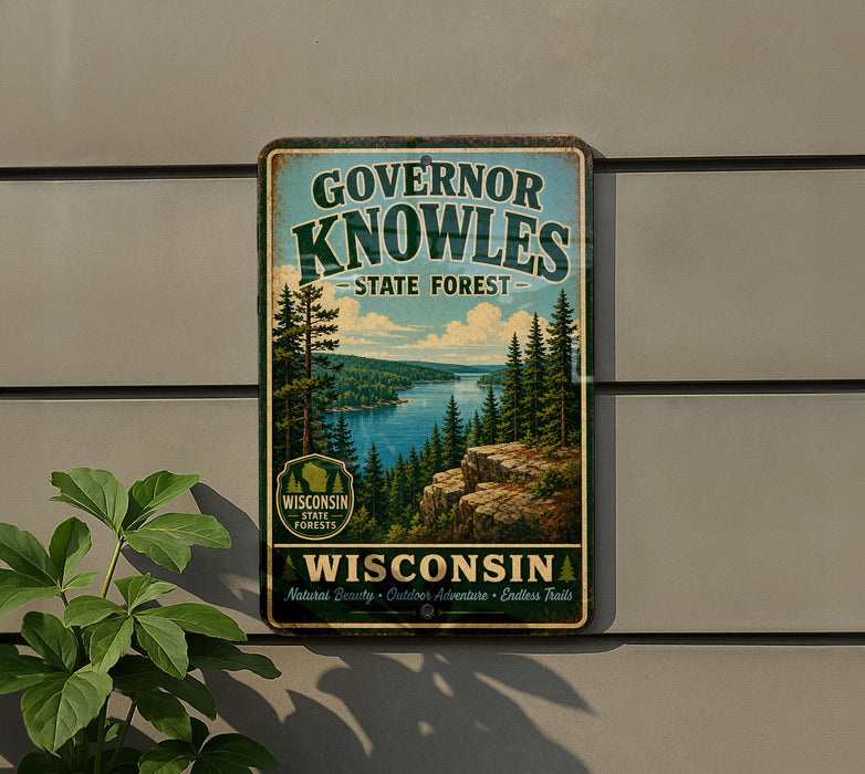 A vintage-style metal sign for Governor Knowles State Forest in Wisconsin, featuring a scenic landscape with pine trees, a lake, and mountains.