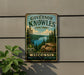 A vintage-style metal sign for Governor Knowles State Forest in Wisconsin, featuring a scenic landscape with pine trees, a lake, and mountains.