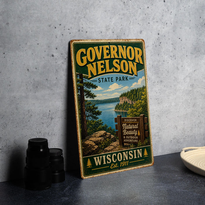 A vintage-style metal sign for Governor Nelson State Park in Wisconsin, featuring a scenic landscape with a lake and mountains.