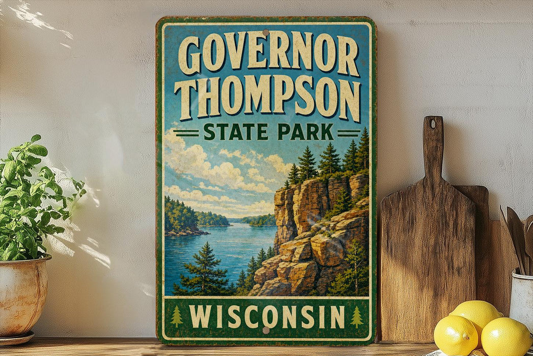 A vintage-style sign for Governor Thompson State Park in Wisconsin, featuring a scenic landscape with a lake and mountains.