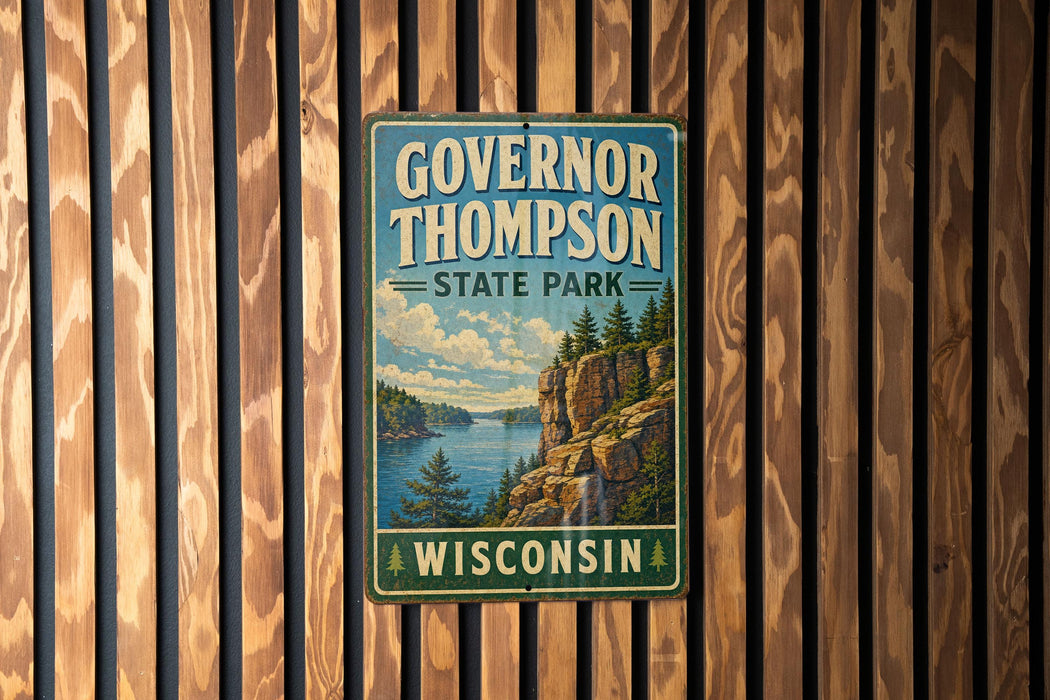 A vintage metal sign for Governor Thompson State Park in Wisconsin, featuring a scenic landscape with a lake and mountains.