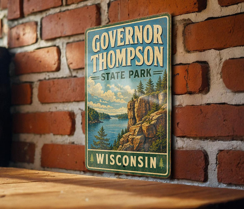 A vintage-style sign for Governor Thompson State Park in Wisconsin, featuring a scenic landscape with a lake and mountains.