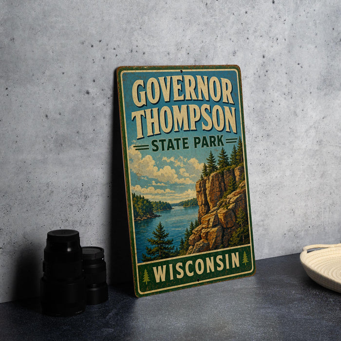 A vintage-style sign for Governor Thompson State Park in Wisconsin, featuring a scenic landscape with a lake and mountains.