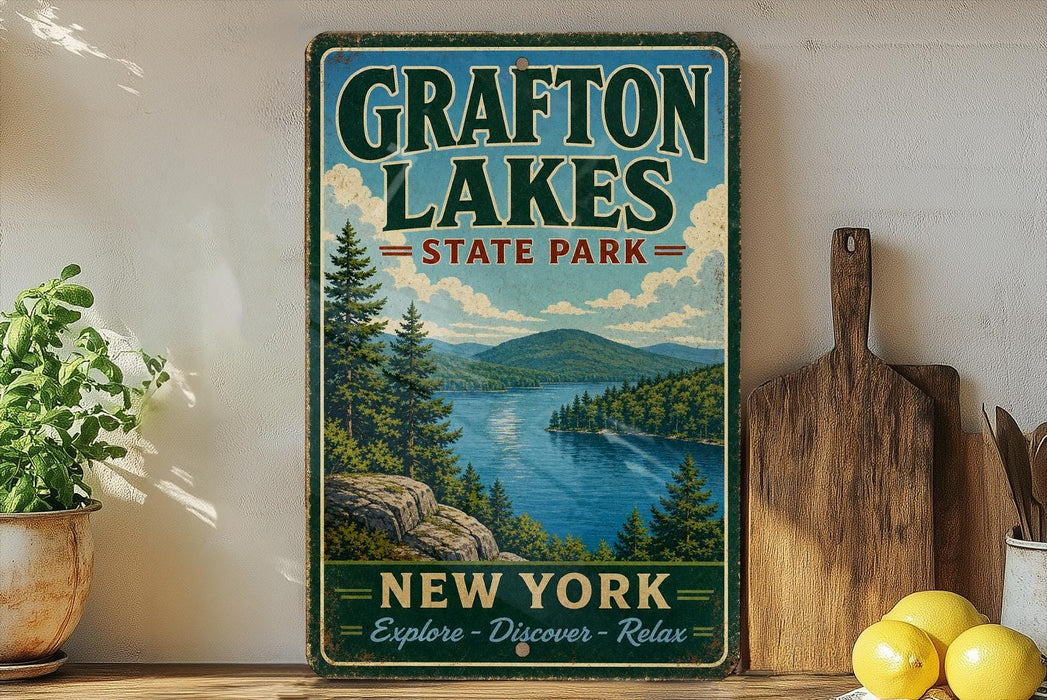 A vintage-style sign for Grafton Lakes State Park in New York, featuring a scenic landscape with a lake surrounded by mountains and pine trees.