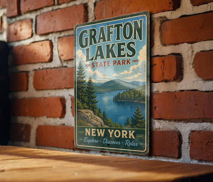 A vintage metal sign for Grafton Lakes State Park, featuring a scenic landscape with a lake and mountains, is displayed on a brick wall.