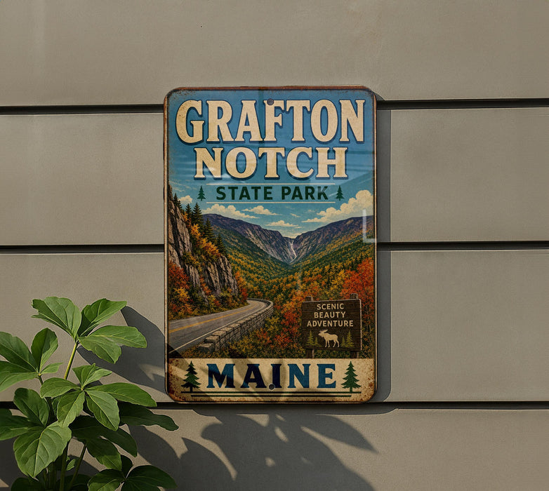 A vintage metal sign for Grafton Notch State Park in Maine, featuring a scenic mountain landscape with a winding road and autumn foliage.