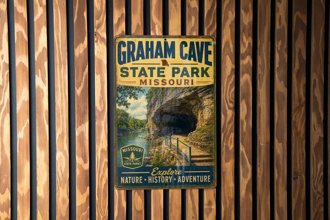 A vintage metal sign for Graham Cave State Park in Missouri, featuring a scenic image of the cave and the park's name.