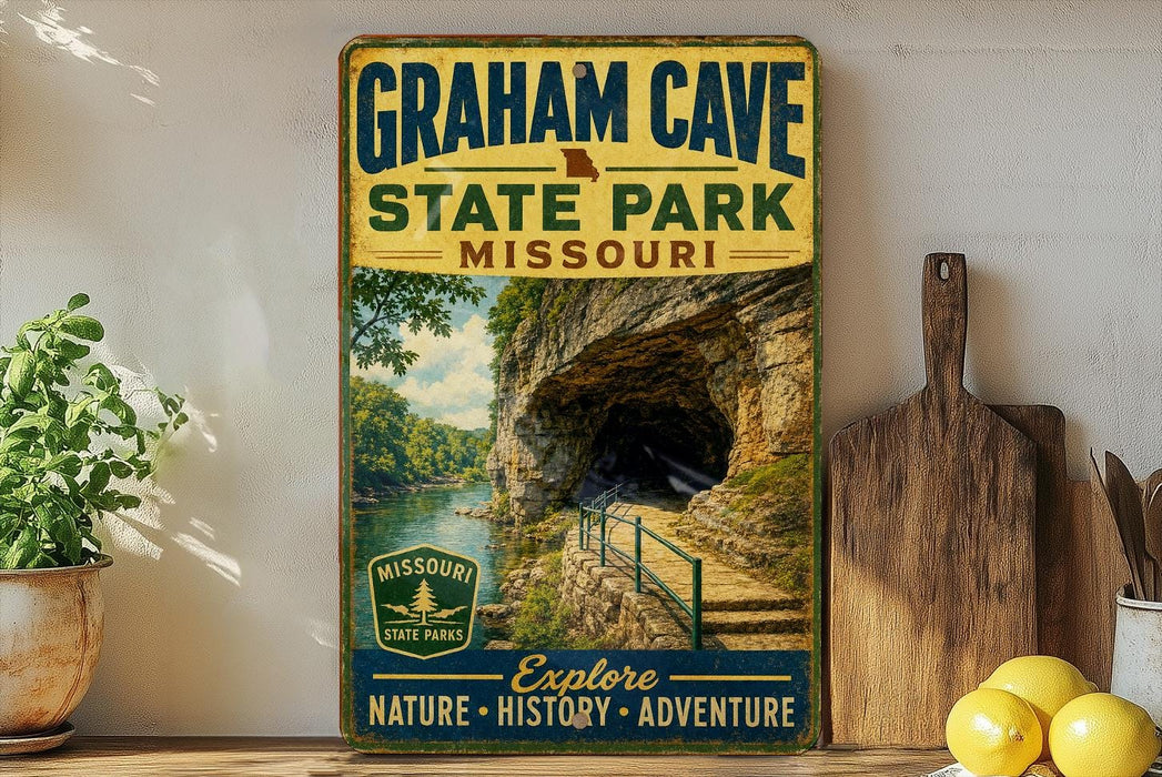 A vintage-style metal sign for Graham Cave State Park in Missouri, featuring a scenic image of the cave entrance surrounded by lush greenery.