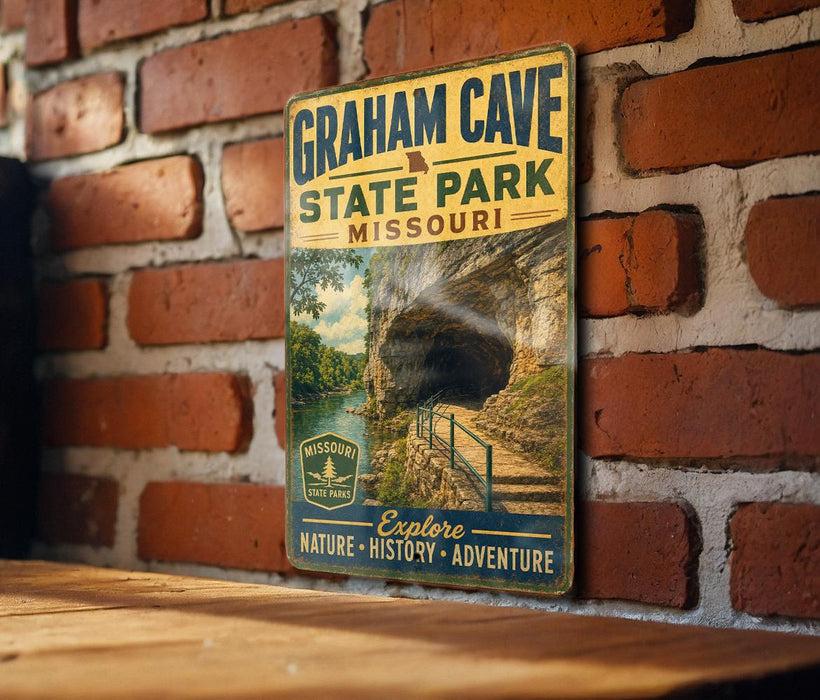 A vintage metal sign for Graham Cave State Park in Missouri, featuring a scenic image of the cave and a trail leading to the entrance.