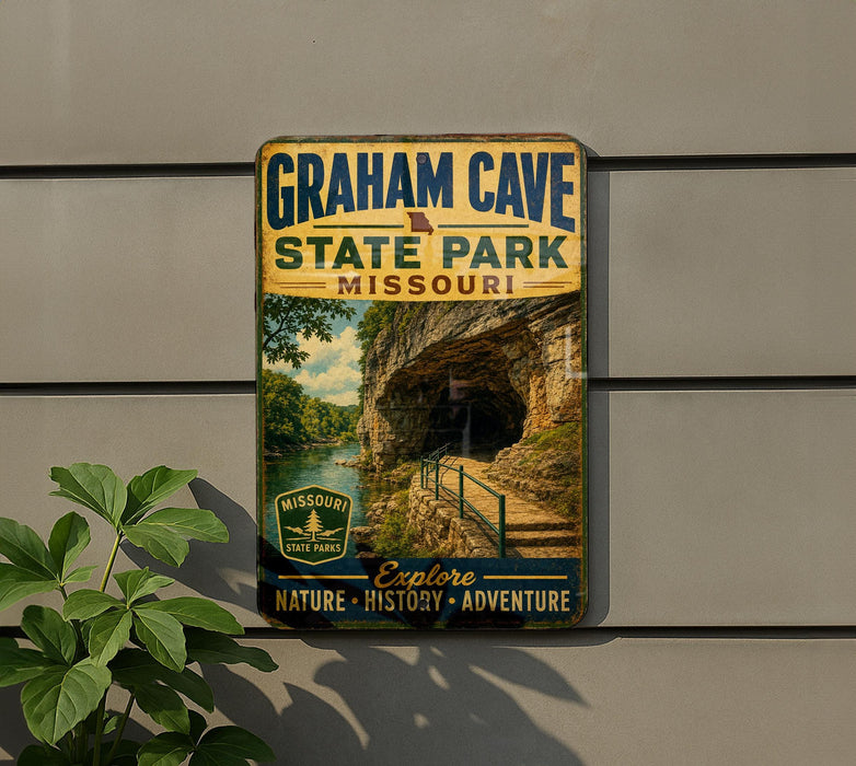 A vintage-style metal sign for Graham Cave State Park in Missouri, featuring a scenic image of the cave and a path leading through it.