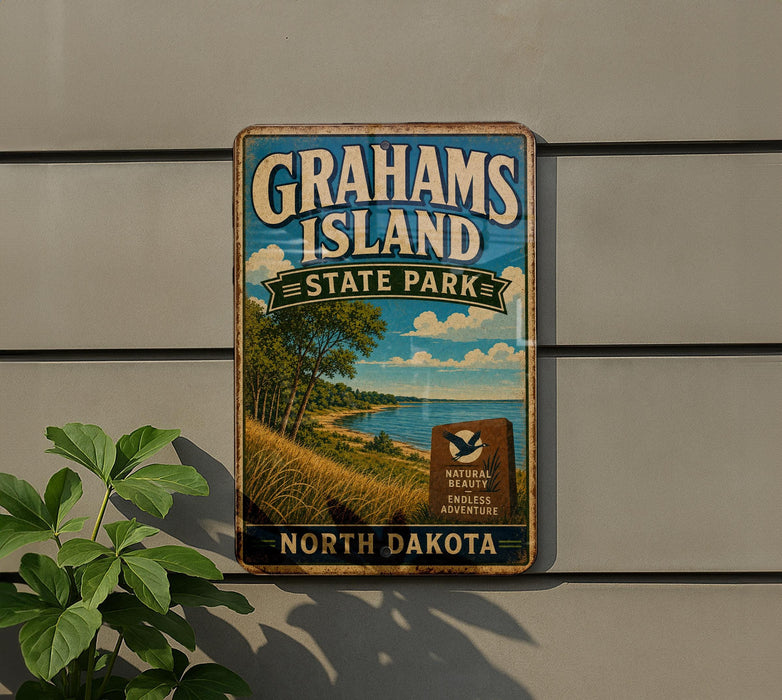 A vintage-style sign for Grahams Island State Park in North Dakota, featuring a scenic landscape with a lake and trees.