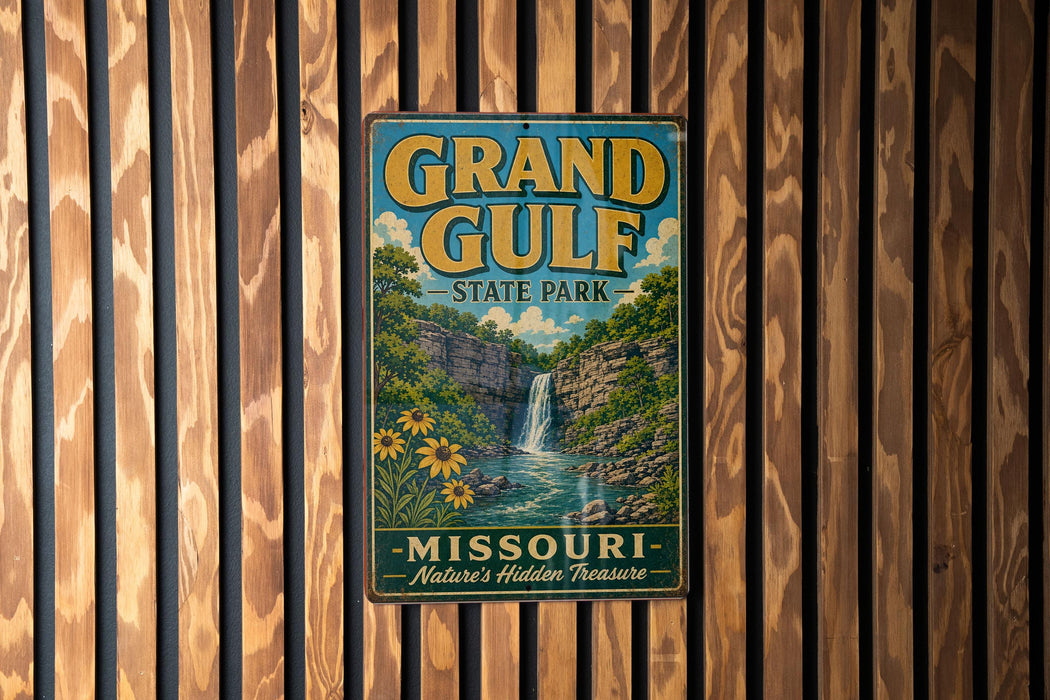 A vintage metal sign for Grand Gulf State Park in Missouri, featuring a waterfall and lush greenery, is displayed on a wooden wall.