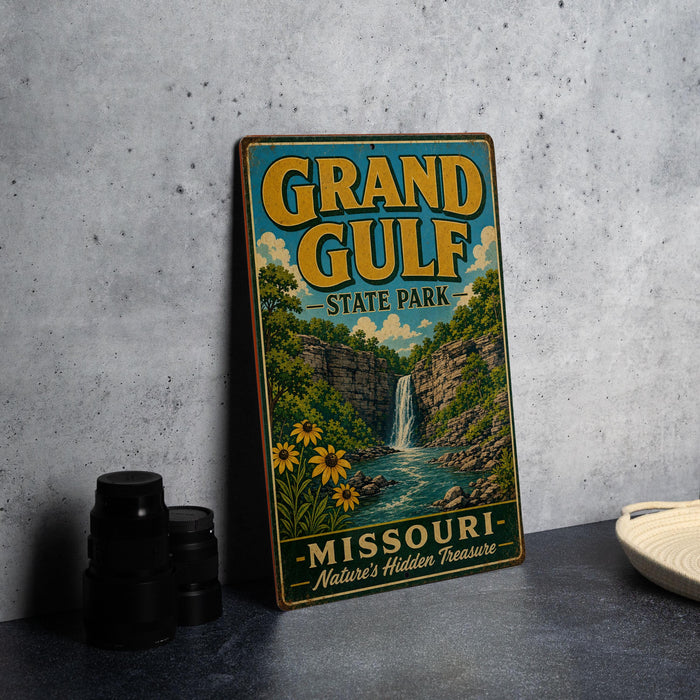 A vintage-style metal sign for Grand Gulf State Park, featuring a waterfall and a scenic landscape, is displayed on a gray concrete surface.