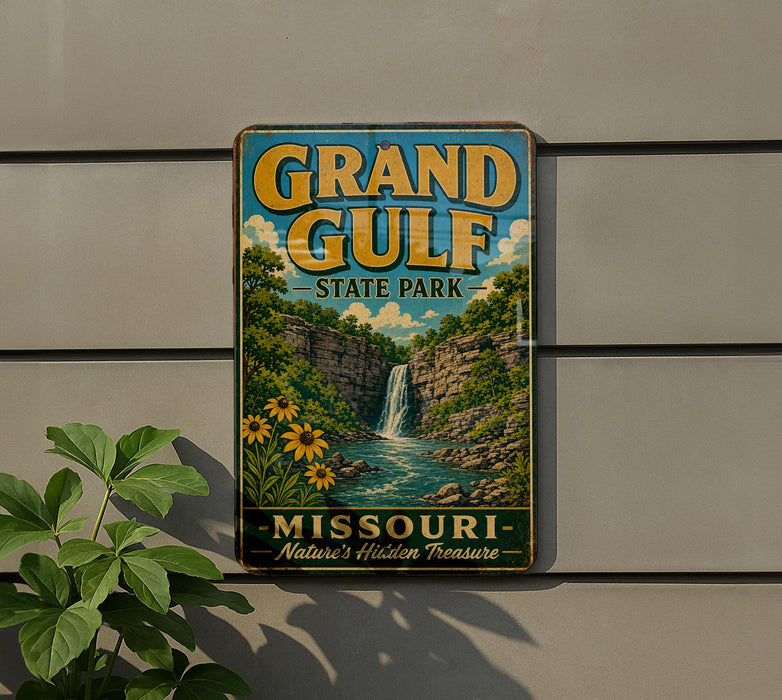 A vintage-style metal sign for Grand Gulf State Park in Missouri, featuring a scenic waterfall and lush greenery.