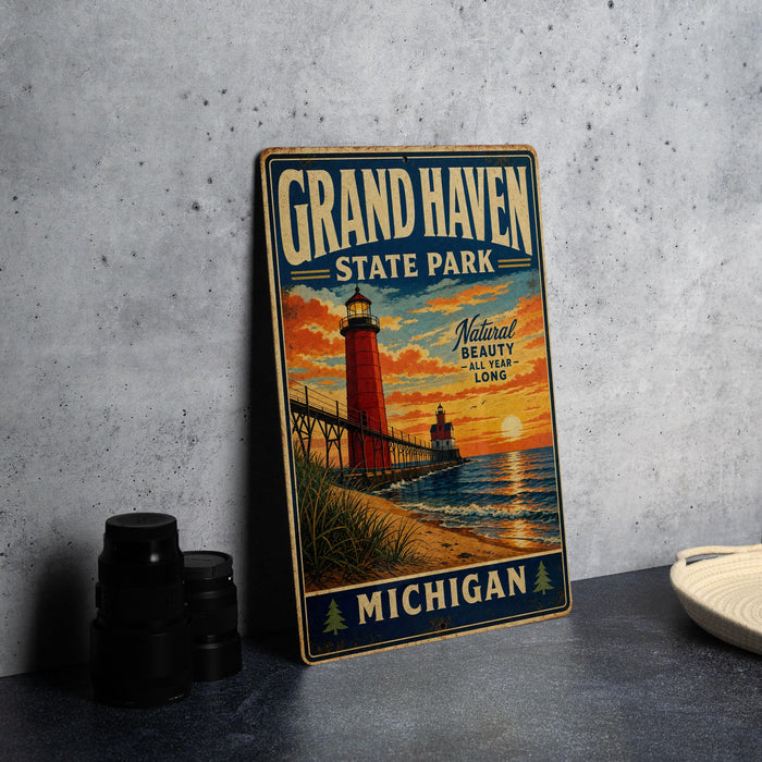 A vintage-style metal sign for Grand Haven State Park in Michigan, featuring a lighthouse and a sunset over the ocean.